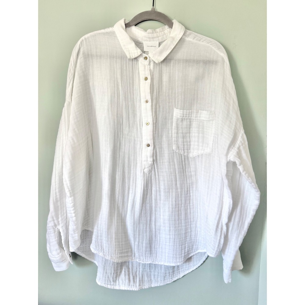 Sundays Oversized White Cotton Gauze Henley 1/4 Button Up Shirt‎ Fits L/XL